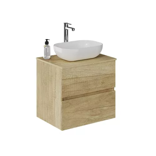 Baikal Baño Onyx, 2 cajones, suspendido en Pared, con Lavabo cerámico. Mueble Montado, Melamina 16,Mueble F46 + Top + Lavabo 60 cm Nature