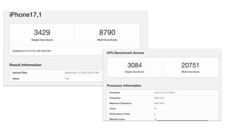 Puntuación de Geekbench de un chip A18 Pro vs Intel i9