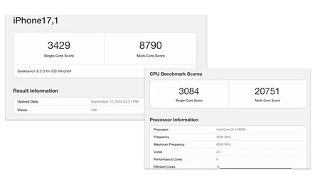 Puntuación de Geekbench de un chip A18 Pro vs Intel i9
