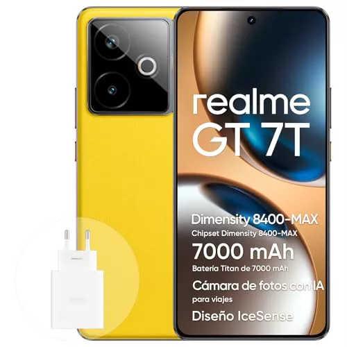 realme GT 7T Smartphone 5G 12+256 GB, chipset Dimensity 8400-MAX, batteria Titan da 7000 mAh, Display da 6,78" 1.5K 120Hz, fotocamera AI Travel Snap, IP69, IceSense Amarillo