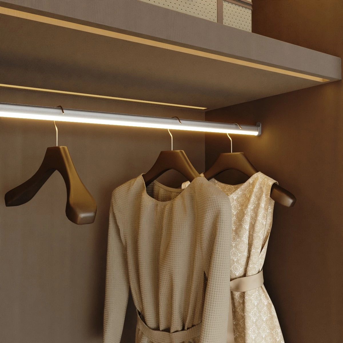 Barra de armario con iluminación LED
Barra de colgar ropa con iluminación para dentro de un armario. Se enciende con un sensor de movimiento y está disponible en 3 medidas diferentes.