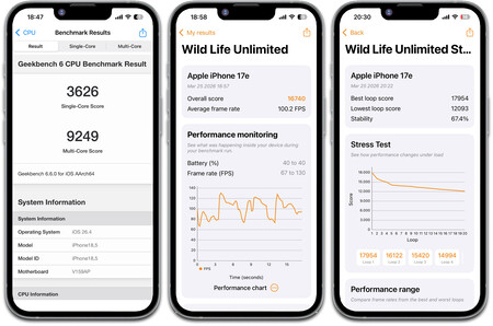 De izquierda a derecha: Geekbench 6, 3DMark Wild Life Unlimited y 3DMark Wild Life Stress Unlimited