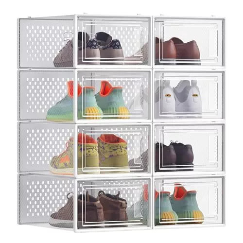 SONGMICS Cajas de Zapatos Plástico, Juego de 8 Organizadores de Almacenamiento, Caja Zapatero Plástico Plegable y Apilable para Zapatillas hasta Talla 44, Transparente y Blanco LSP08SWT