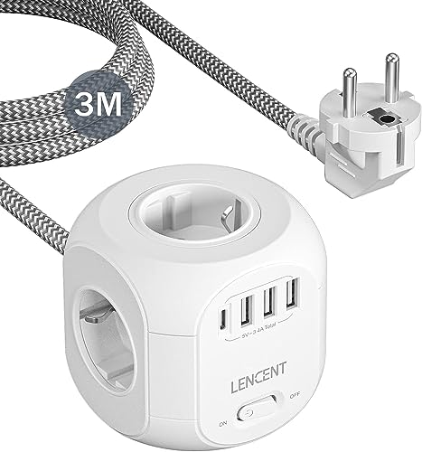 LENCENT Cubo Regleta Enchufes 3M con 4 Tomas de CA, 3 USB y 1 Tipo C