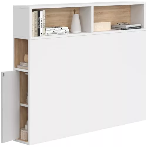 IDMarket - Cabecero sobre pie Cleo 95 cm con espacio de almacenamiento cerrado y nichos en blanco y aspecto de madera de haya
