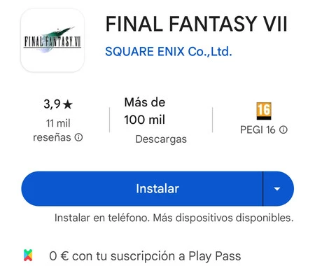 Play Pass に含まれる Final Fantasy VII の価格は 9.99 ユーロです