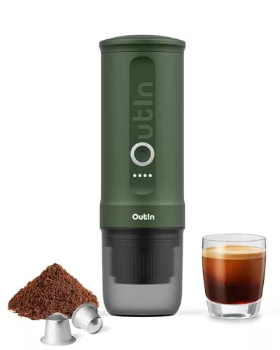 OutIn Nano Cafetera Espresso Eléctrica Portátil con USB-C, Con Café Molido y Cápsula NS para RV, Senderismo, Oficina