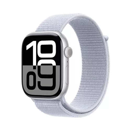 Apple Watch Series 10 GPS Smartwatch con Caja de Aluminio Plata de 46 mm y Correa Loop Deportiva Azul Nube - Talla única. Monitor de entreno, App ECG y Neutro en Carbono