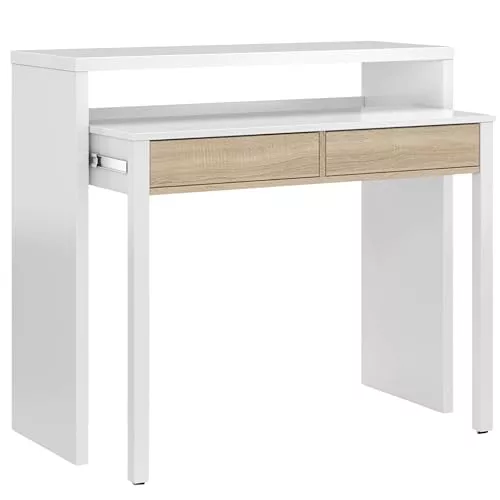 Habitdesign Mesa Escritorio Extensible, Mesa Estudio, Consola, Color Blanco Artik y Roble Canadian, Medidas: 98,5 cm (Largo) x 36-70 cm (Fondo) x 87,5 cm (Alto)