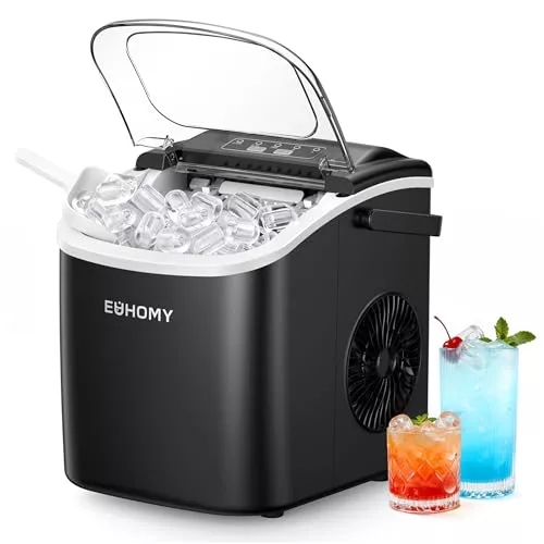 EUHOMY Máquina de Hielo 12Kg/24H, 9 Cubos en 6 Minutos, Maquina de Hacer Hielo Autolimpiable, 2 Tamaños de Hielo, con Asa, Pala para Hielo y Cesta, Sirva Para Casa/Cocina/Oficina/Bar Negra