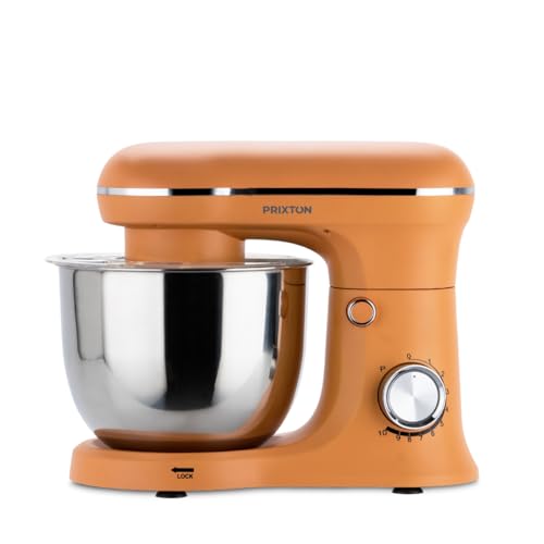 PRIXTON Batidora Amasadora KR250 para Repostería, Potencia 1500W, 10 Velocidades, Bol Acero Inoxidable de 5 litros, 3 accesorios, Tapa Transparente, Color Naranja Mate