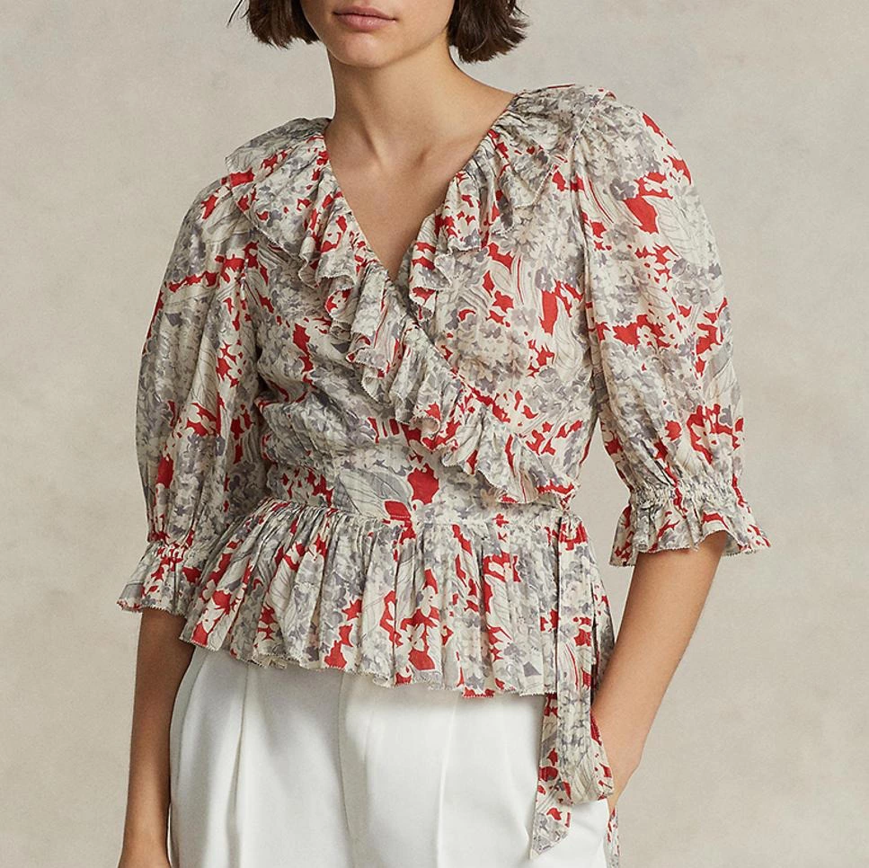 Camisa de mujer de algodón cruzada con volantes
