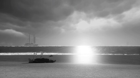 Modo Foto: la captura de la semana es en blanco y negro, tiene una playa y un personaje atravesado por flechas