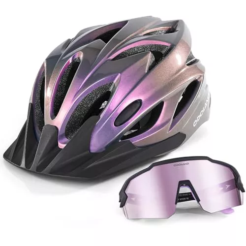Odoland Casco de Bicicleta Flash con Gafas de Ciclismo Casco de Bici para Adultos para Bicicletas de Carretera Mountain Bike Casco de Ciclismo Ligero y Ajustable para Hombres y Mujeres, Violeta Pálido