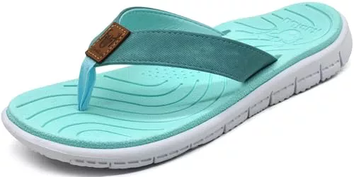 KuaiLu Chanclas Mujer Verano Playa Piscina Cuero y Tela Flip Flops Señoras Comodas Piel Planas Caminar Sandalias De Dedo Antideslizante Yoga-Espuma Chancletas Turquesa 39