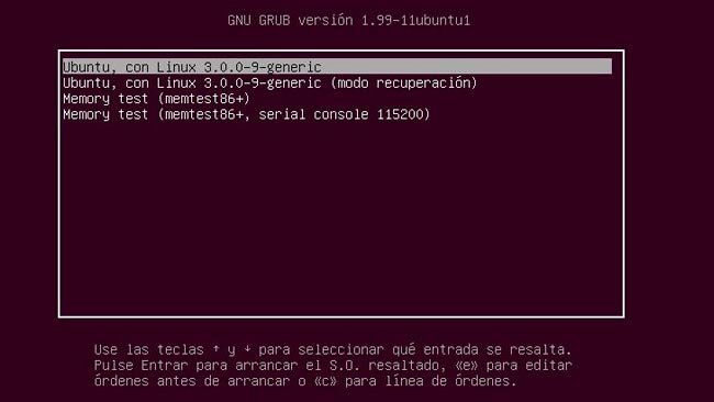 Captura de pantalla de Grub para arrancar Ubuntu