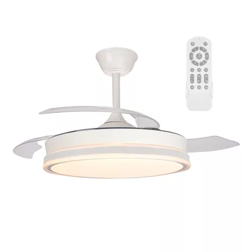 wonderlamp - Ventilador de techo retrláctil con aspas plegables Surpino Blanco, Ventilador de techo con luz LED 45W con Memoria de encendido y Mando a distancia CCT Regulable