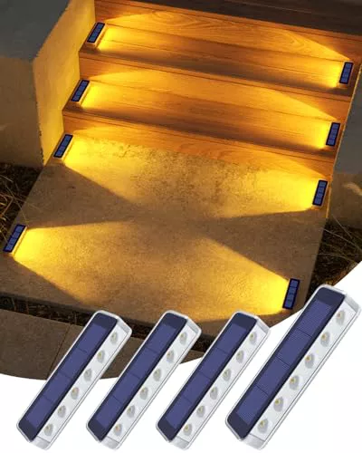 DetarZinLED Luces Solares LED Exterior Jardin, 4 uds Luces Solares Exterior Luz LED Escaleras Impermeable IP68, Blanco Cálido Luz Exteriores Solar para Escaleras, Jardin, Patios, Terraza, Valla, Deck