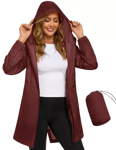 Vancavoo Chubasquero Mujer Impermeable Plegable Raincoat con Capucha Abrigo Impermeables Ligero Softshelljakce Cremallera Primavera Otoño Rain Coat,Rojo vino,XXL