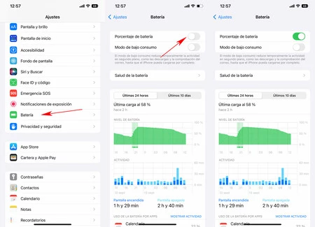 Mostrando el porcentaje de batería restante en la barra de estado del iPhone