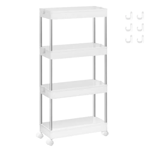 SONGMICS Carro de Almacenamiento de 4 Niveles, Carrito con Ruedas, Carro de Cocina, Ahorro de Espacio, para Baño, Oficina, 14,4 x 42 x 86 cm, Blanco Nube KSC08WT