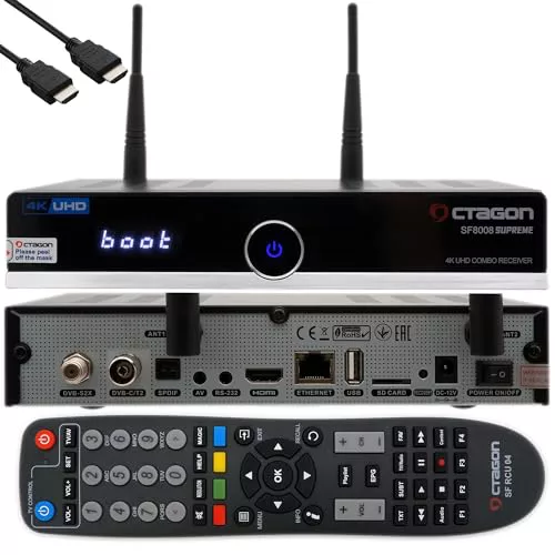 Octagon SF8008 - Receptor 4K UHD HDR Combo 1 x DVB-S2X y 1 x DVB-C/DVB-T2, señal por satélite, cable y terrestre, E2 Linux Smart TV Box, Media Server, función de grabación, HDMI EasyMouse, wifi dual
