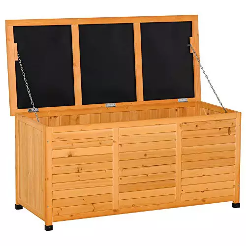 Outsunny Baúl de Almacenaje Exterior 284L Arcón de Jardín de Madera Impermeable con Tapa Abrible y Diseño Persiana 127x56x60 cm Natural