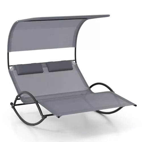 Giantex Tumbona Mecedora Doble con Toldo, Silla Reclinable con Almohadas Reposacabezas y Apoyabrazos, Tela Respirable y Marco de Metal, Tumbona para Jardín, Piscina