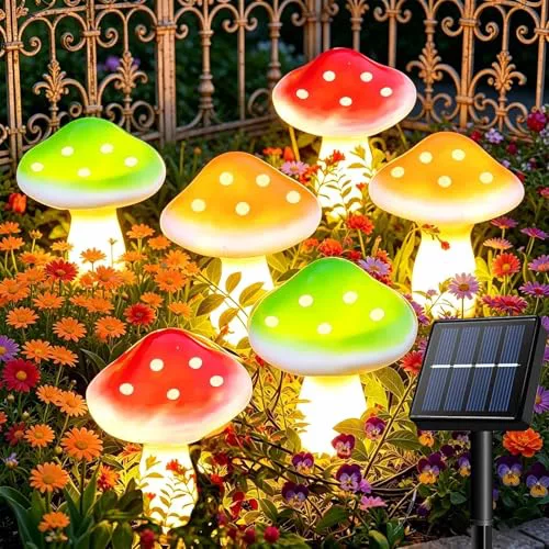 Cozymeow Adornos de Jardín con 6 Luces LED Solares de Hongos - Impermeables para Exterior, Caminos, Paisajes, Vallas, Césped, Patio - Decoración para Fiestas y Bodas