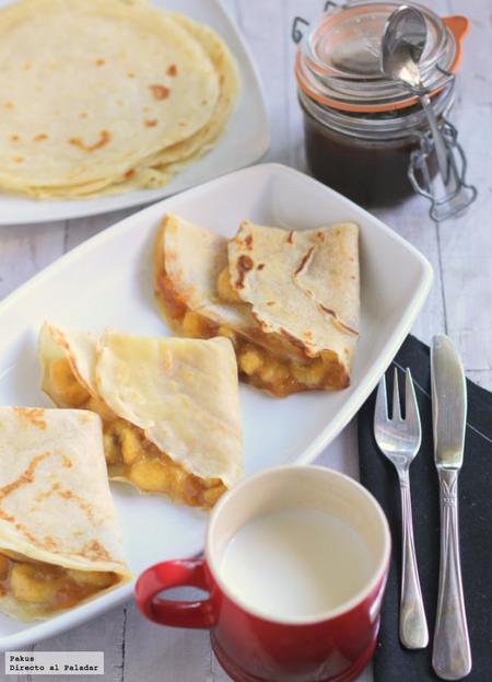 Crêpes de plátano y mermelada de albaricoque. Receta de postre