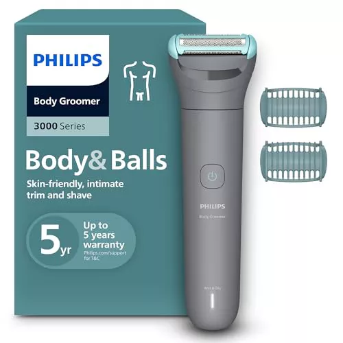 Philips Afeitadora Corporal series 3000 - Depiladora Masculina con sistema de protección, Recorta y depila zonas íntimas, Afeitado suave y apurado, 100% impermeable, 80 min. de autonomía, BG3480/15.