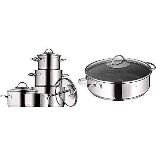 WMF Provence Plus - Batería de Cocina, Acero Inoxidable Cromargan, Tapas de Cristal + Profi Plus - Sartén con Tapa, cromargan 18/10 Acero Inoxidable, con Recubrimiento Antiadherente Durit ProfiSelect