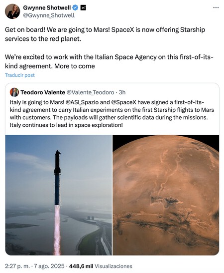 Captura de pantalla de las publicaciones de X de Gwynne Shotwell y Teodoro Valente