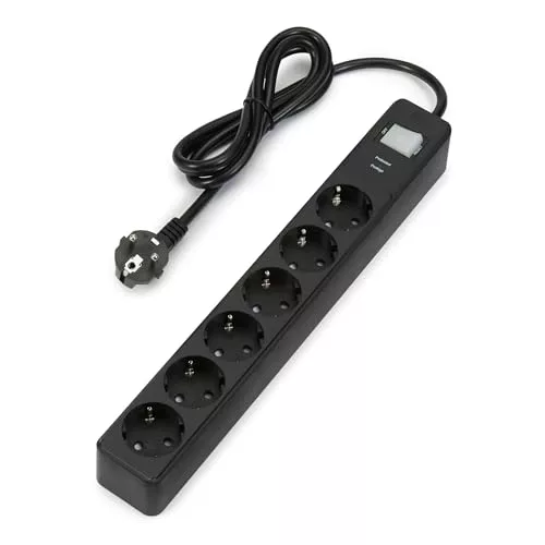Amazon Basics regleta con 6 tomas y protección contra sobretensiones, extensión de enchufes, tapas de seguridad, cable de 1,4m, 6 enchufes, 600 J, color negro