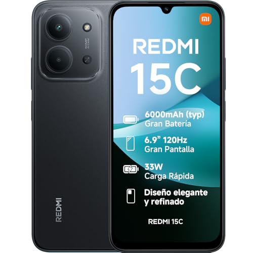 XIAOMI Redmi 15C - Smartphone de 4+256GB, Cámara Dual con IA de 50 MP, Pantalla inmersiva de 6,9" 120 Hz, Potente procesador octacore, Carga rápida de 33W, Cargador no Incluido, Negro (Versión ES)