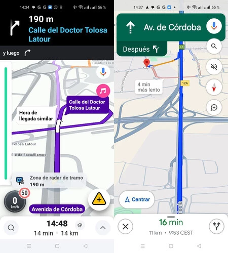 Waze と Google マップでも同じルートです。 Wazeはセクションレーダーについて警告しています。 Google マップ、いいえ。