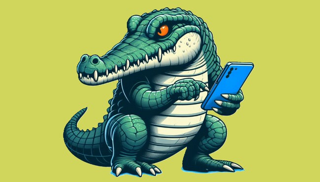 Ilustración decorativa generada con IA de un cocodrilo usando el móvil