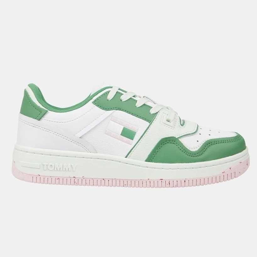 Tommy Jeans Zapatillas de mujer en verde bajas tipo basket con logotipo lateral y detalles en contraste
