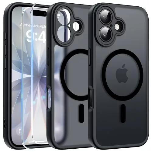 FLLAO Funda para iPhone 17, Compatible MagSafe, con 2 Piezas Protector de Pantalla Cristal Templado, [Protección de Cámara] Magnética Carcasa Translúcida Mate Trasera Fina Antigolpes, Negro