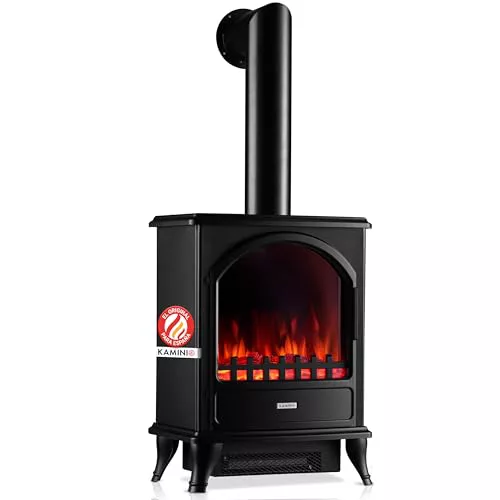 KAMINIO Chimenea eléctrica Leni - Estufa de Chimenea con calefacción, Efecto Llama 3D (Negro con Tubo)