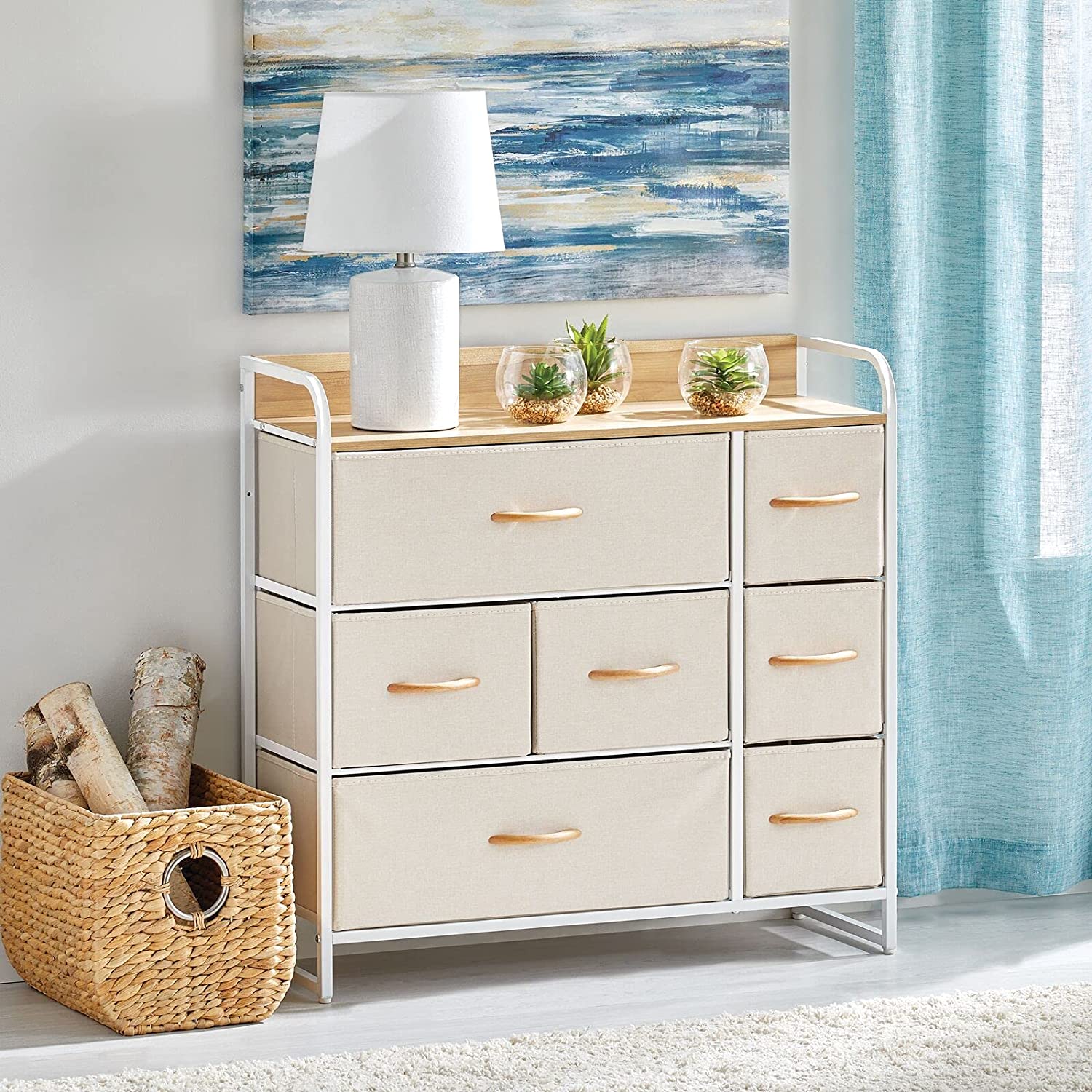 mDesign Cómoda para dormitorio con 7 cajones – Mueble con cajones ancho para el salón, la habitación o el pasillo – Cajonera de metal, MDF y tela para guardar ropa – crema y blanco