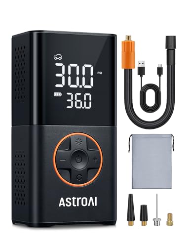 AstroAI Compresor Aire Portátil, Inflador Ruedas Coche, Hinchador Ruedas con Batería Recargable y Luz LED para Coche, Bicicletas, Moto y Etc. (Naranja)