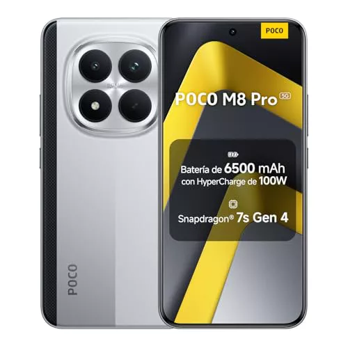 XIAOMI POCO M8 Pro 5G - Smartphone de 8+256GB, Pantalla de 6,83" 1.5K AMOLED, Snapdragon 7s Gen 4, cámara de 50MP, Hypercharge 100W, Cargador no Incluido, Plata (Versión ES)