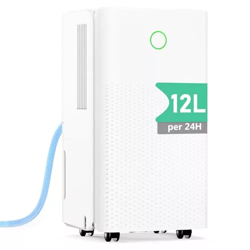 Deshumidificador 12L/Día, Deshumificadores Electrico con Compresor, 3 Modos, Silencioso y de Bajo Consumo, Depósito 2,2L, Drenaje Continuo, Temporizador 24h, Control Automático de Humedad para Hogar