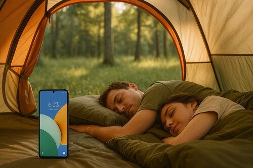 descansando con un Galaxy en un camping