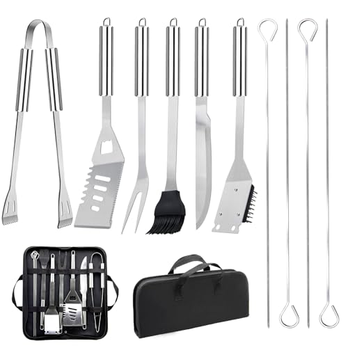 Juego de 11 Utensilios Barbacoa de Acero Inoxidable Profesionales con Bolsa Portátil para Camping Picnic Exterior