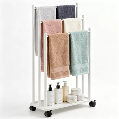Toallero de Pie de 3 Niveles, Toallero Escalera con Estante y Ruedas, Ahorra Espacio, Material Metálico, Toallero de Piscina para Exteriores, para Baños, Salón,Blanco