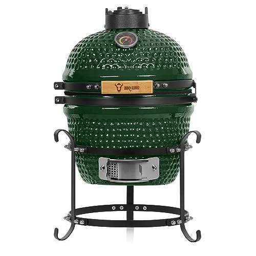 BBQ-Toro Barbacoa de Carbón Kamado "Haiiro" | Ø 32 cm | Barbacoa con Termómetro y Asas de Madera | Color Verde | Parrilla de Cerámica Kamado, Mini Parrilla de Carbón