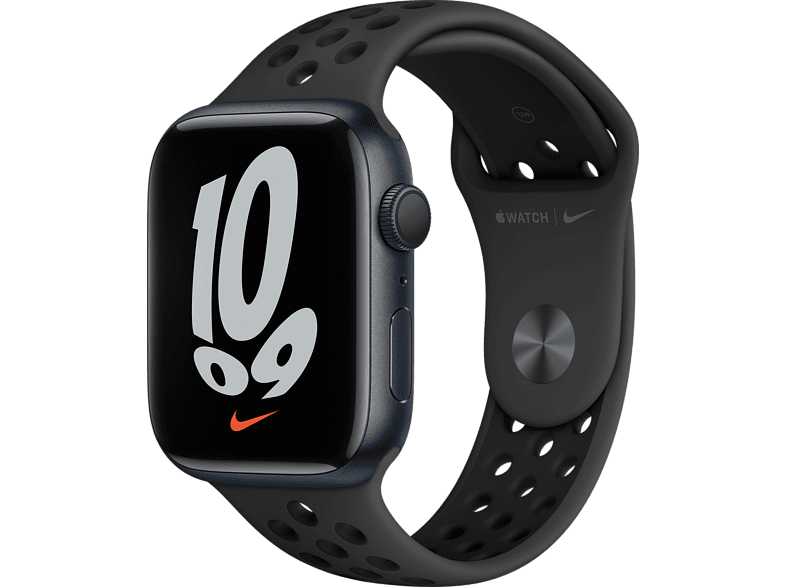 Apple Watch Nike Series 7, GPS, 45 mm, Caja de aluminio en Medianoche, Correa Nike Sport Antracita/negra