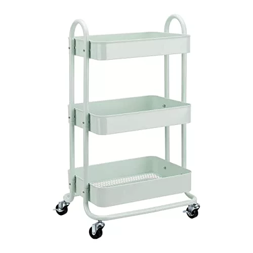 Amazon Basics Carrito de cocina o multiuso de tres niveles con ruedas en verde menta